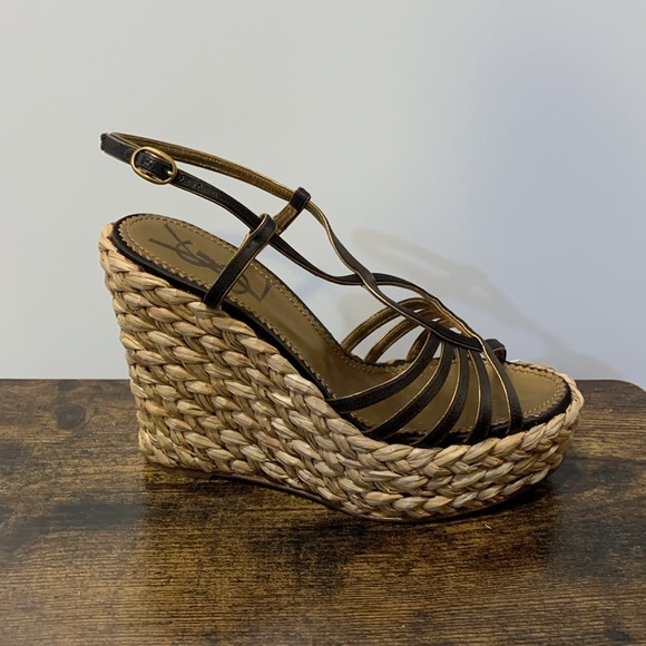 YSL platform wedge sandal black braided straw metallic gold - Picture 6 of 15